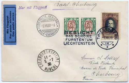 Liechtenstein 1930 First Flight Erstflugbrief Triesenberg Basel Cherbourg / 1452