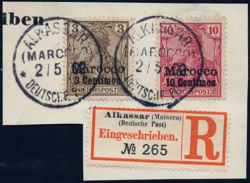 DP Marokko 1902 Michel 7+9 ° Alkassar 2/5/02 Type 1 Luxus Reko-Briefstück / 74