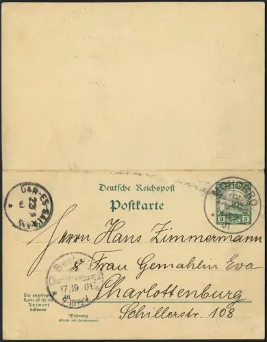 239/DOA 1901 Doppel-Postkarte P 15 ° Mohorro 14/9/01 nach Charlottenburg
