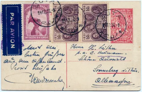 Belgisch-Kongo 1936 AK/Ganzsache ZuF Flugpost Buta Sonneberg Thüringen / 1403