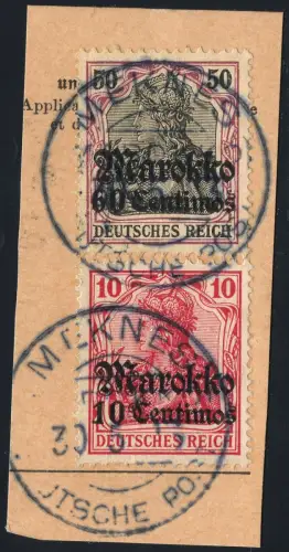 DP Marokko 1913 Michel 53+48 ° Meknes 30/5/13 Type 2 Kabinett Briefstück/PA / 76