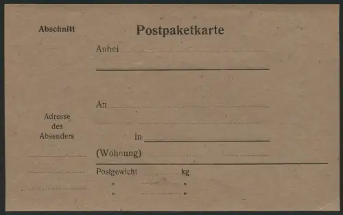 154/DOA 1916 Not-Postpaketkarte auf Packpapier Ungebraucht *