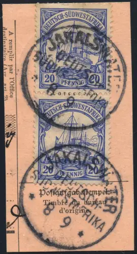 DSWA 1908 Michel 14 Paar ° Jakalswater 8/9/ohne JZ Type 2 Briefstück/ PA / 172