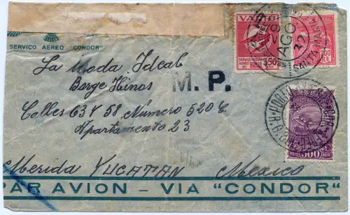 Brasilien 1932 VARIG Brief Santa Maria Rio Veracruz Merida Mexico Zensur / 1250