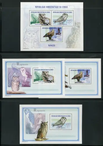 Kongo Kinshasa 2003 Vögel Eulen Greifvogel Birds 1758-1760 KLB Block 155-157 MNH