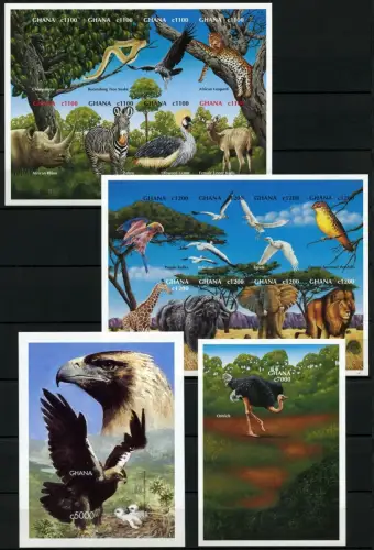 Ghana 2000 Vögel Fauna Gepard 3059-3074 Block 389 A und U Imperf MNH / 821