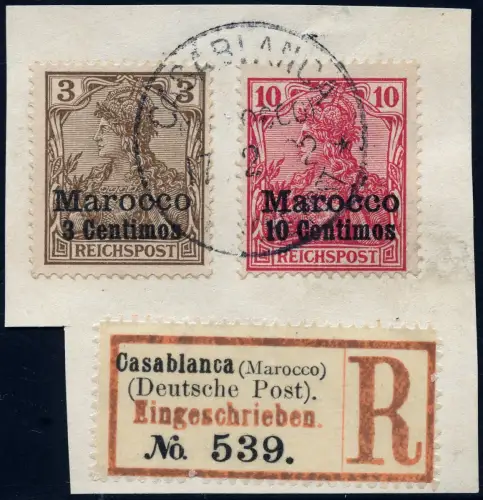 DP Marokko 1902 Michel 7+9 ° Casablanca 17/2/02 Type 1 Luxus Reko-Briefstück/ 75