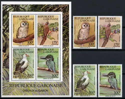 Gabun 1992 Vögel Kauz Mausvogel Palmgeier 1128-1131 Block 73 MNH / 687