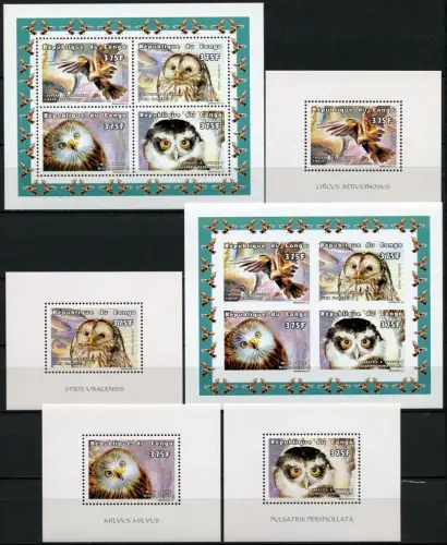 Kongo Congo Brazzaville 1999 Vögel Raubvögel 1625-1628 A/B + Blocksatz MNH / 676
