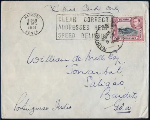 KUT 1951 Brief mit EF 15c Kilimandscharo Vulkan Nairobi Portugiesisch Indien/803