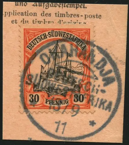 DSWA 1911 Michel 16 ° Okahandja 13/9/11 Type 6 Luxus Briefstück/PA / 137