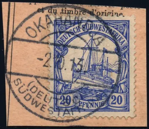 DSWA 1913 Michel 14 ° Okahandja 2/10/13 Type 7 Luxus Briefstück/PA / 144