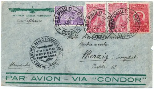 Katapult 1934 Brasilien Sao Paulo Brief Merzig Saargebiet H 321 Catapult / 1588