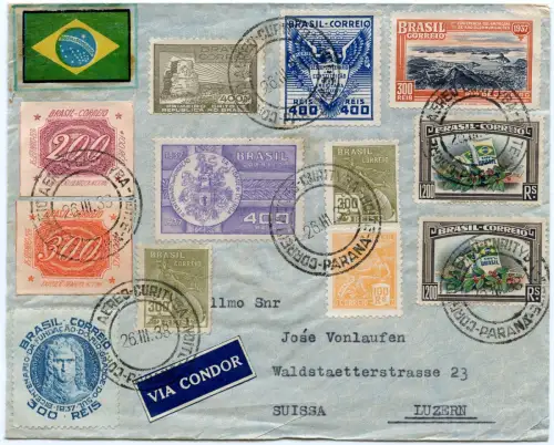 Katapult 1938 Brasilien Curityba Luzern Schweiz Brief H 632 a Catapult / 1592