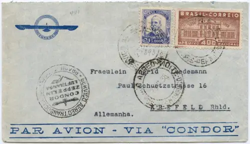 Katapult 1938 Brasilien Pernambuco Krefeld Condor-Brief H 656 a Catapult / 1593