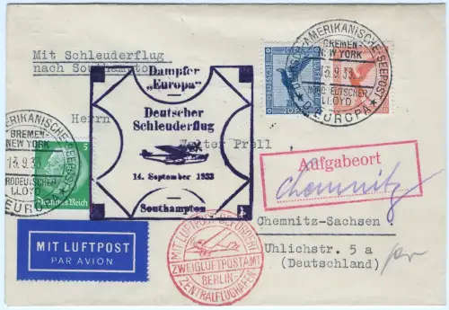 Katapult 1933 Dt. Reich Brief Seepost Aufgabeort Chemnitz Catapult H 142 b /1596