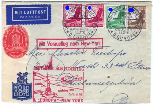 Katapult 1935 Dt. Reich Seepostaufgabe Olympiade USA Catapult H 191 b / 1604