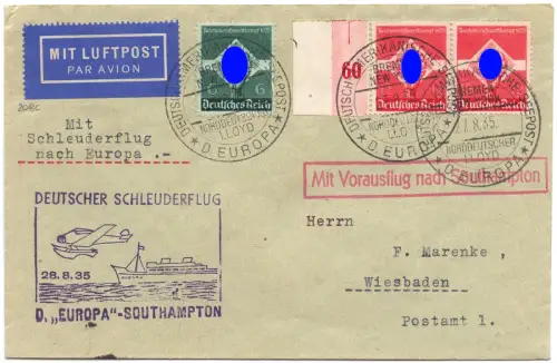 Katapult 1935 Dt. Reich Seepostaufgabe Wiesbaden Brief Catapult H 208 c / 1607