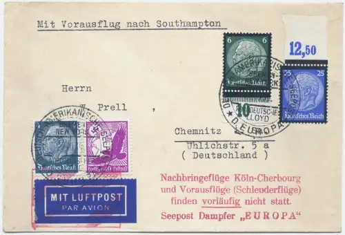 Katapult 1935 Dt. Reich Dampfer Europa Flüge eingestellt 219 b Catapult / 1610