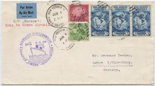 Katapult 1934 USA New York Landpost Lohne Oldenburg Brief Catapult H 156 a/ 1612