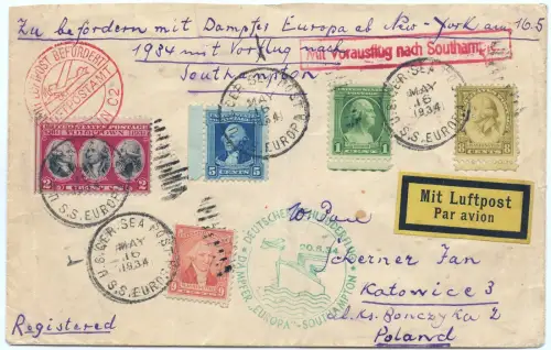 Katapult 1934 USA US-Seepost Brief Kattowitz Polen Catapult H 152 b / 1613