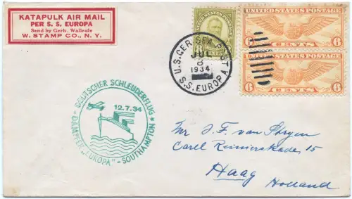 Katapult 1934 USA US-Seepost Brief Haag Niederlande Catapult H 164 b / 1614