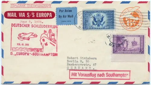 Katapult 1935 USA Holyoke Berlin Ganzsache mit ZuF Catapult H 193 a / 1616