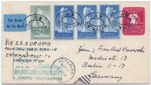 Katapult 1935 USA Waterloo Berlin Ganzsache mit ZuF Catapult H 188 a / 1617