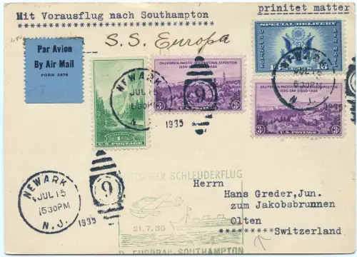 Katapult 1935 USA Newark Olten Schweiz Postkarte Schöne MiF H 200 a / 1619