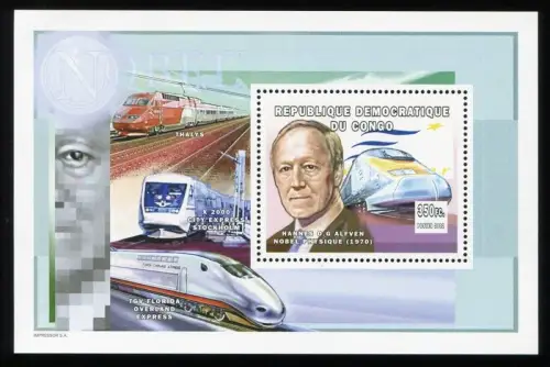 Kongo Kinshasa Congo 2002 Nobelpreis Eisenbahn Alfven Physik Block 135 MNH