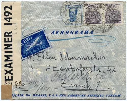 Brasilien 1942 Brief via Panair Zürich Schweiz US + OKW Zensur / 1291