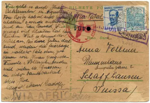 Brasilien 1942 Karte Natal via Africa Lisboa Londres Schweiz Zensur OKW / 1293