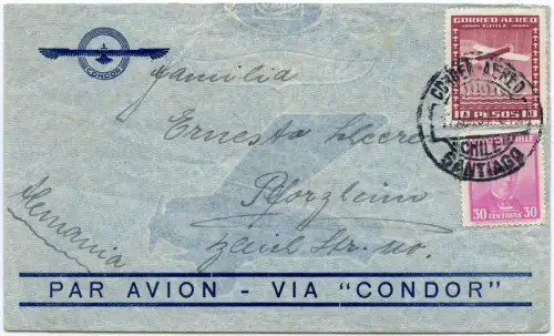 Katapult 1937 Chile Condor-Flugpost Santiago Pforzheim H 536 Catapult / 1625