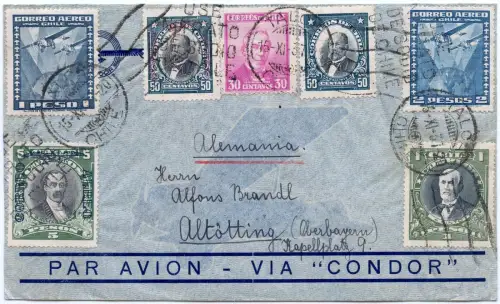 Katapult 1937 Chile Condor-Flugpost Talca Altötting H 594 Catapult / 1626