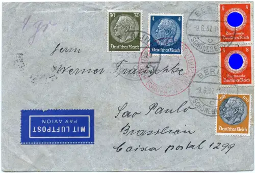 Katapult 1937 Dt. Reich Berlin Dienstmarken Sao Paulo Brief Catapult H 549/ 1628