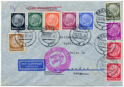 Katapult 1937 Dt. Reich Bremen Manaos Flugpostbrief Catapult H 563 / 1629