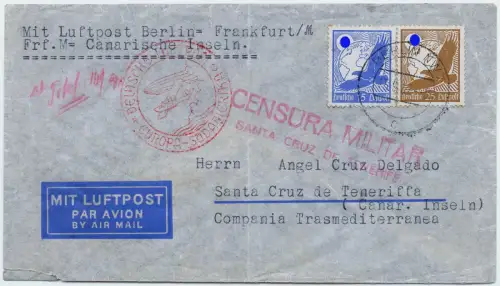 Katapult 1937 Dt. Reich Berlin Santa Cruz Teneriffa Zensur Catapult H 525 / 1630