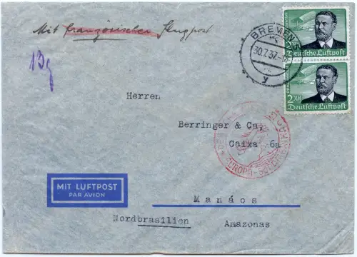 Katapult 1937 Dt. Reich Bremen Brief 4 RM Manaos Catapult H 565 / 1633