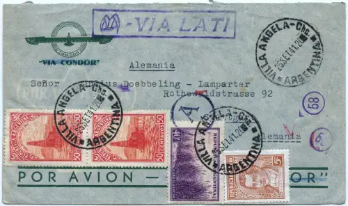 LATI 1941 Argentinien Villa Angela Brief Leitstempel Stuttgart Deutschland/ 1635