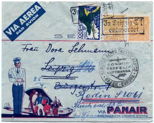 Katapult 1934 Brasilien Panair-Umschlag Leipzig Berlin H 311 Catapult / 1648