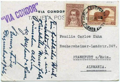 Katapult 1936 Argentinien Weihnachtskarte 200. Flug FFM H 498 Catapult / 1656