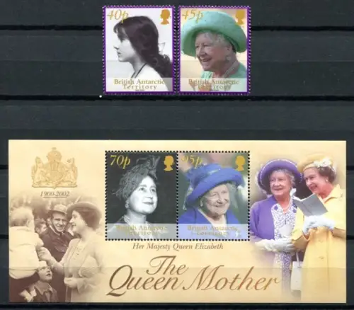 BAT Britische Antarktis 2002 Königinmutter Elisabeth Royals 334-335 Block 10 MNH