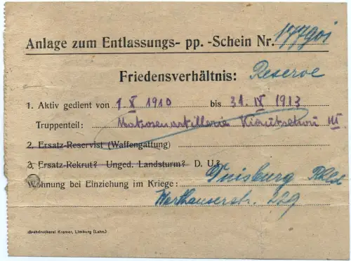 Kiautschou 1913 Anlage zum Entlassungsschein für 3 Jahre Dienst Reserve / 277