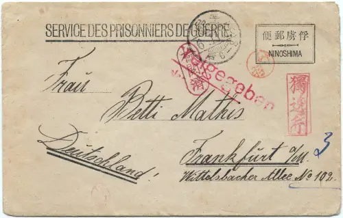 Ninoshima Japan 1917 Kriegsgefangenenbrief POW SdPdG Frankfurt Main / 278