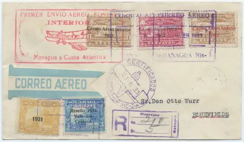 Nicaragua 1933 First Flight FFC Erstflugbrief Bluefields Top-Frankatur / 1464