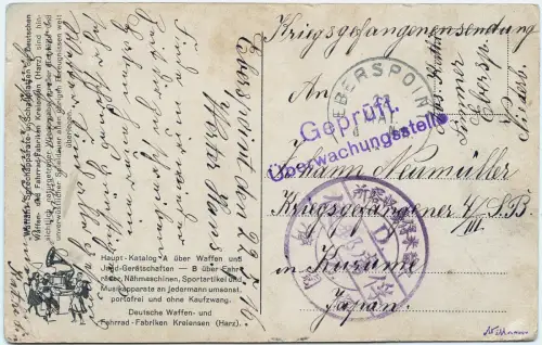 Kurume Japan 1916 AK Incoming Mail POW SdPdG Kiautschou III. SB Eberspoint / 286