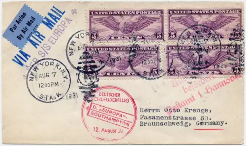 Katapult 1931 USA Dampfer Europa New York Braunschweig Brief 63 a Catapult / 734