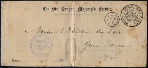Tonga 1895 OHTMS Official Cover Nukualofa Auckland Calais Französisch Guinea/707