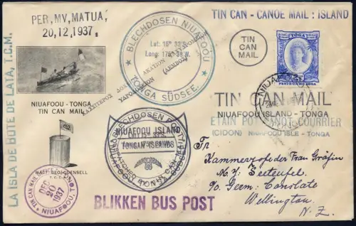 Tonga 1937 Tin Can Mail Blechdosenpost Niuafo`ou Graf Luckner Konsulat NZ / 1040