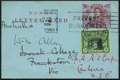 Tonga 1912 Kartenbrief mit ZuF aus Nuku`alofa 1939 Australien Nachsendung / 706